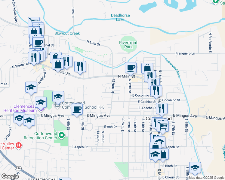 map of restaurants, bars, coffee shops, grocery stores, and more near 412 North 10th Street in Cottonwood