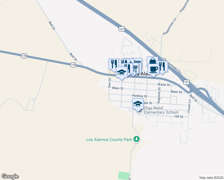 map of restaurants, bars, coffee shops, grocery stores, and more near 220 Main Street in Los Alamos