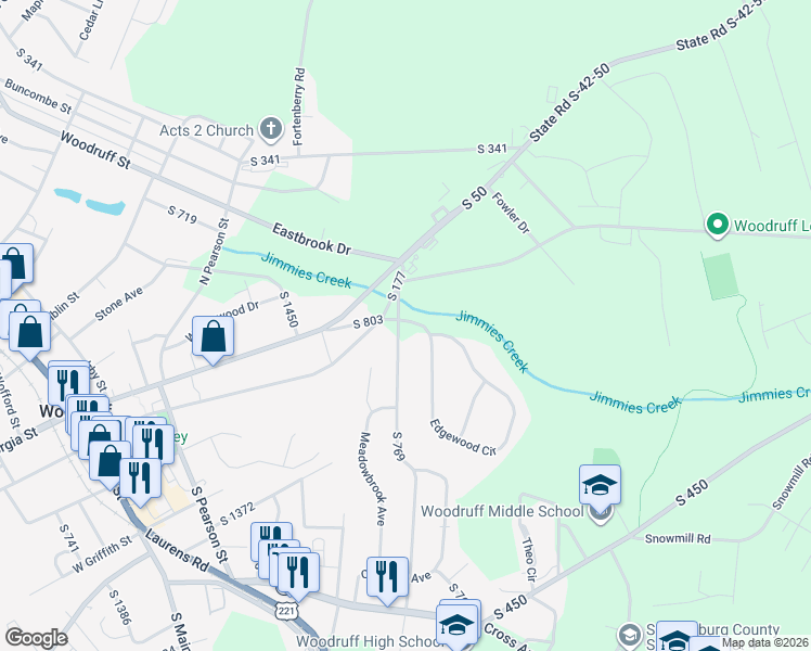 map of restaurants, bars, coffee shops, grocery stores, and more near 601 State Road S-42-50 in Woodruff