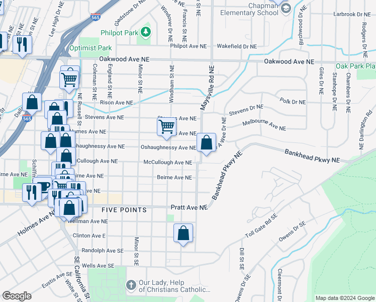 map of restaurants, bars, coffee shops, grocery stores, and more near 1604 Oshaughnessy Avenue Northeast in Huntsville