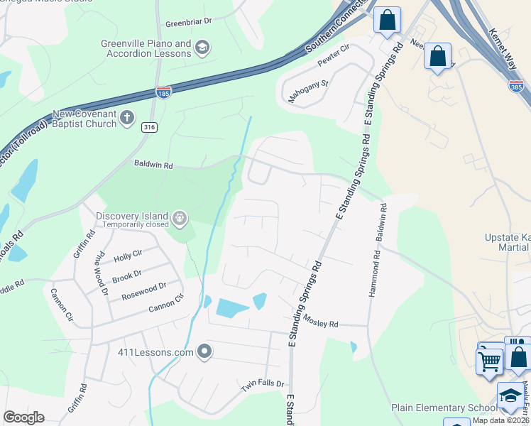 map of restaurants, bars, coffee shops, grocery stores, and more near 109 Eagleston Lane in Simpsonville