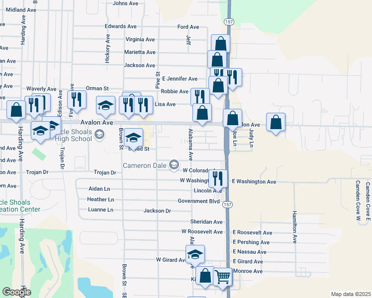 map of restaurants, bars, coffee shops, grocery stores, and more near Broad Street in Muscle Shoals