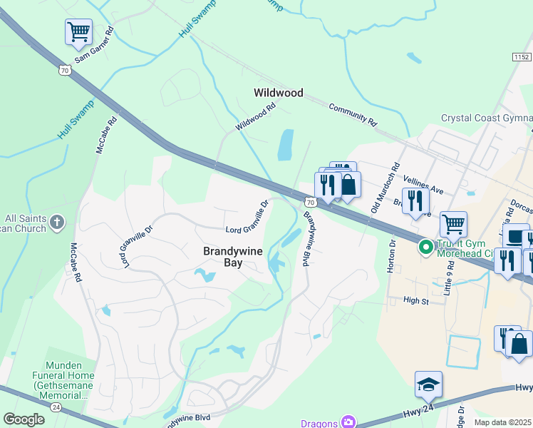 map of restaurants, bars, coffee shops, grocery stores, and more near 917-919 Lord Granville Drive in Morehead City