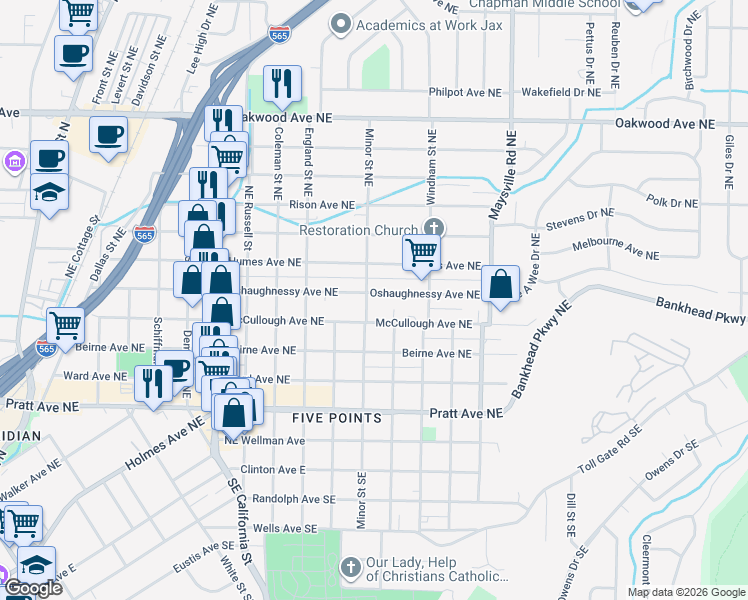 map of restaurants, bars, coffee shops, grocery stores, and more near 1313 Oshaughnessy Avenue Northeast in Huntsville
