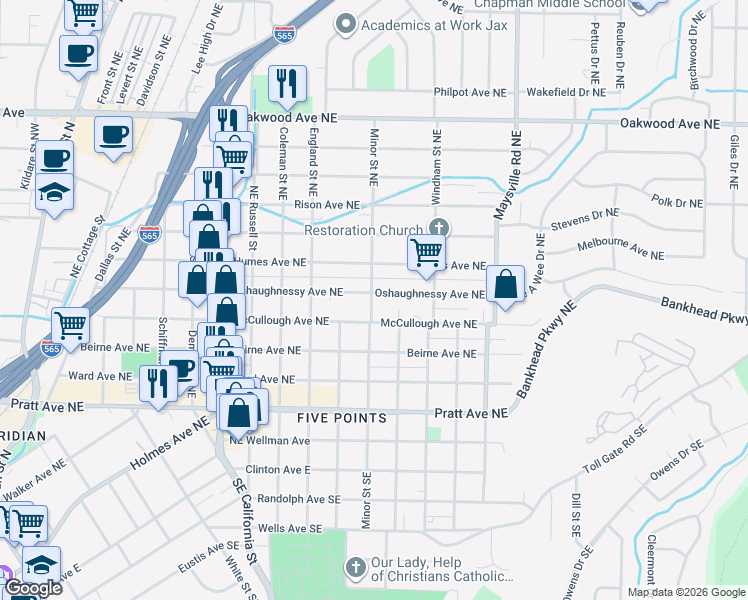 map of restaurants, bars, coffee shops, grocery stores, and more near 1313 Oshaughnessy Avenue Northeast in Huntsville
