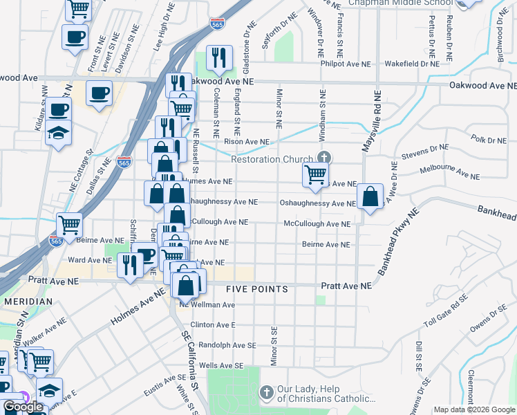map of restaurants, bars, coffee shops, grocery stores, and more near 1239 Oshaughnessy Avenue Northeast in Huntsville