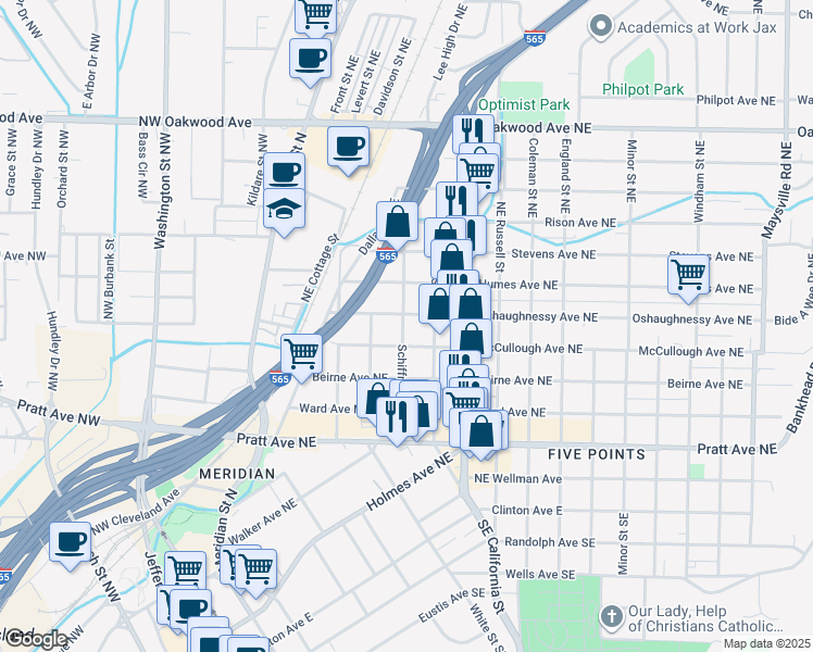 map of restaurants, bars, coffee shops, grocery stores, and more near 517 Oshaughnessy Avenue Northeast in Huntsville