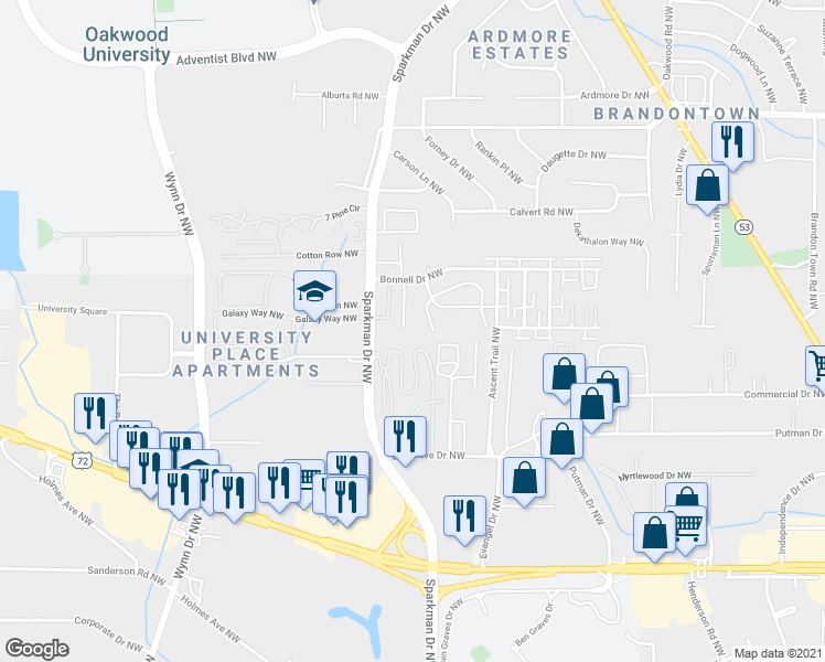 map of restaurants, bars, coffee shops, grocery stores, and more near 1506 Halston Circle Northwest in Huntsville