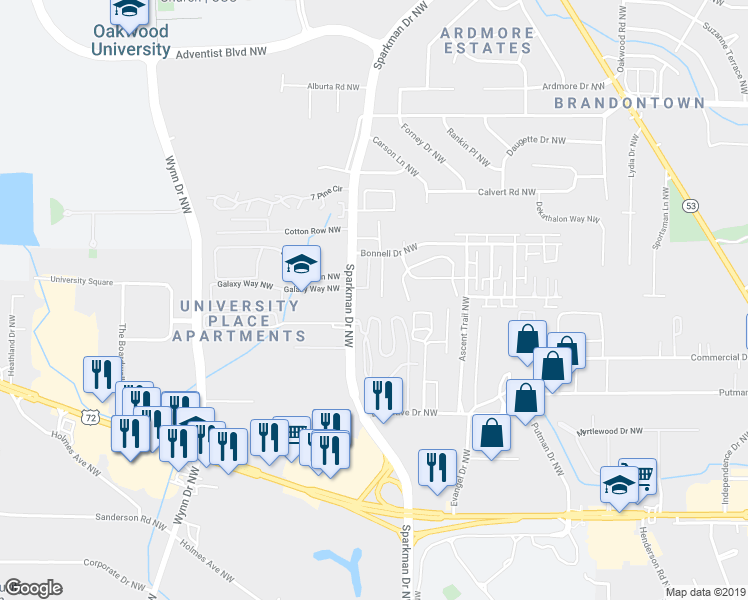 map of restaurants, bars, coffee shops, grocery stores, and more near 212 Sparkman Drive Northwest in Huntsville