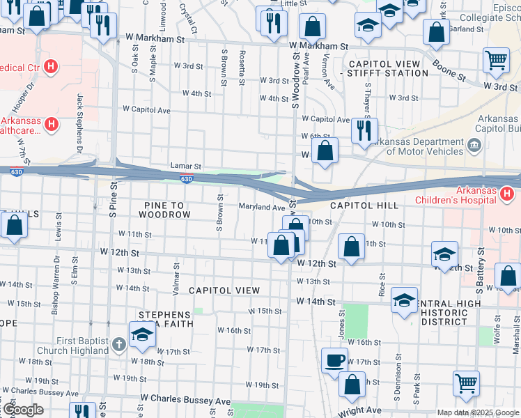 map of restaurants, bars, coffee shops, grocery stores, and more near 3004 Maryland Avenue in Little Rock