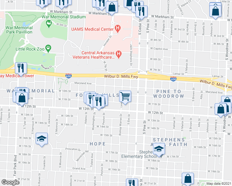 map of restaurants, bars, coffee shops, grocery stores, and more near 909 Abigail Street in Little Rock