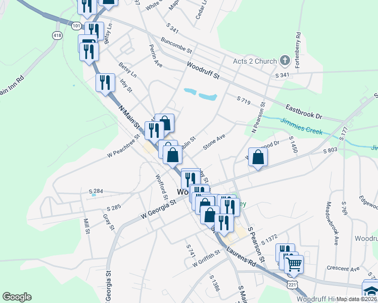 map of restaurants, bars, coffee shops, grocery stores, and more near 205 Chamblin Street in Woodruff