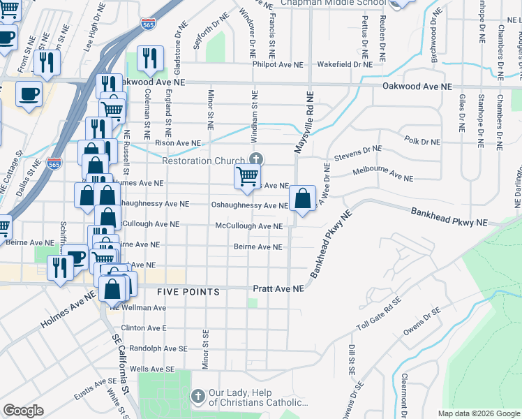 map of restaurants, bars, coffee shops, grocery stores, and more near 1519 Oshaughnessy Avenue Northeast in Huntsville