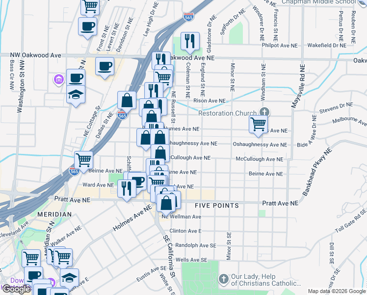map of restaurants, bars, coffee shops, grocery stores, and more near 1001 Oshaughnessy Avenue Northeast in Huntsville