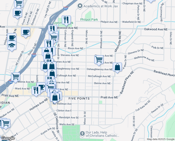 map of restaurants, bars, coffee shops, grocery stores, and more near 1313 Oshaughnessy Avenue Northeast in Huntsville