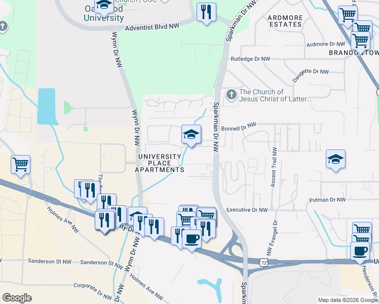 map of restaurants, bars, coffee shops, grocery stores, and more near 1645 Sparkman Drive Northwest in Huntsville