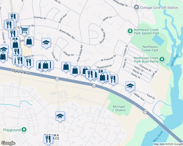 map of restaurants, bars, coffee shops, grocery stores, and more near 100 Cornerstone Place in Jacksonville