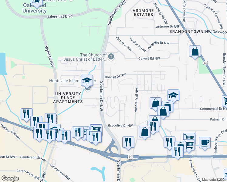 map of restaurants, bars, coffee shops, grocery stores, and more near 1502 Halston Circle Northwest in Huntsville