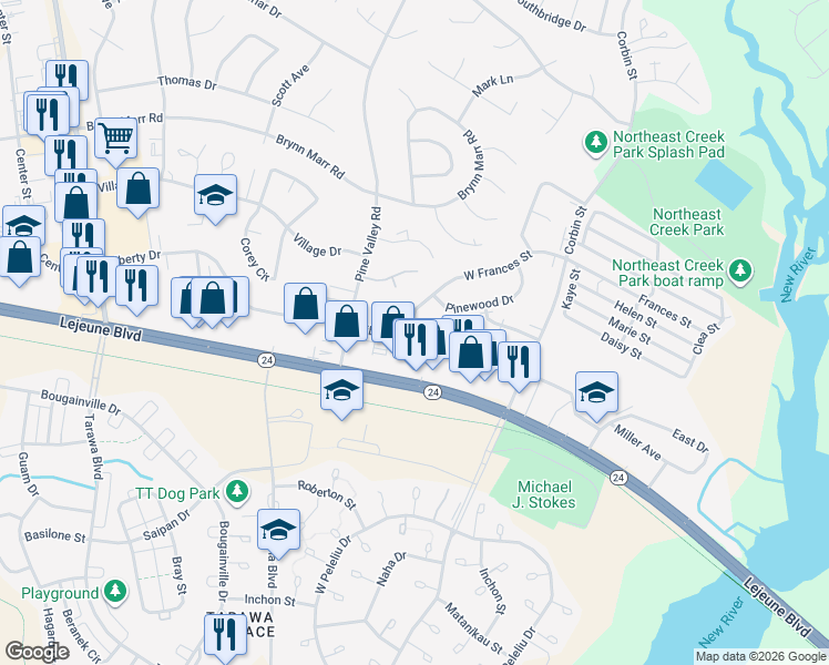 map of restaurants, bars, coffee shops, grocery stores, and more near 100 Cornerstone Place in Jacksonville