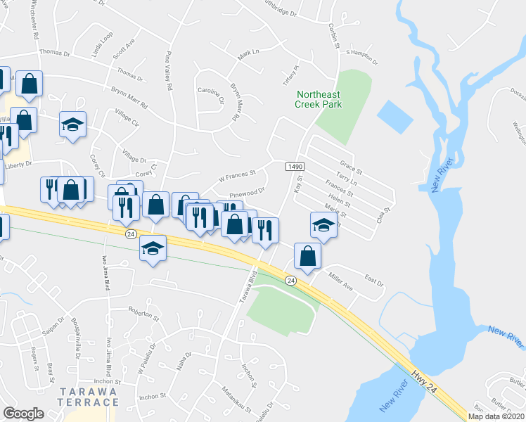 map of restaurants, bars, coffee shops, grocery stores, and more near Hammock Lane in Jacksonville