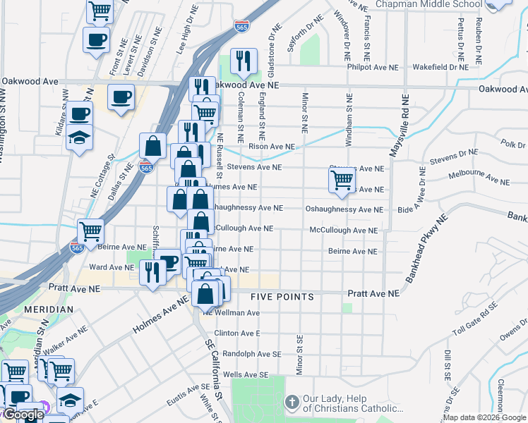 map of restaurants, bars, coffee shops, grocery stores, and more near 1105 Oshaughnessy Avenue Northeast in Huntsville