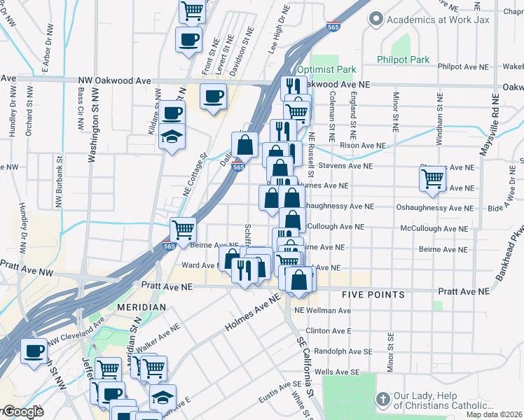 map of restaurants, bars, coffee shops, grocery stores, and more near 517 Oshaughnessy Avenue Northeast in Huntsville