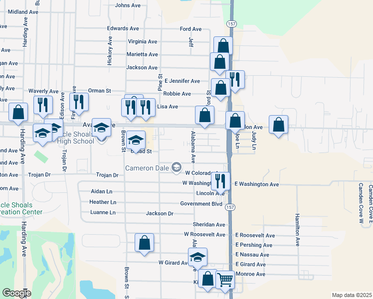 map of restaurants, bars, coffee shops, grocery stores, and more near Broad Street in Muscle Shoals