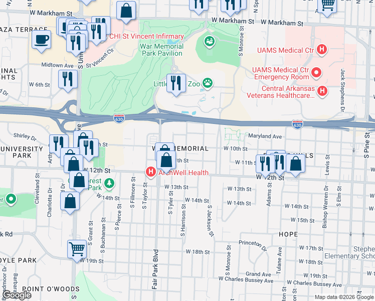 map of restaurants, bars, coffee shops, grocery stores, and more near 5308 West 10th Street in Little Rock