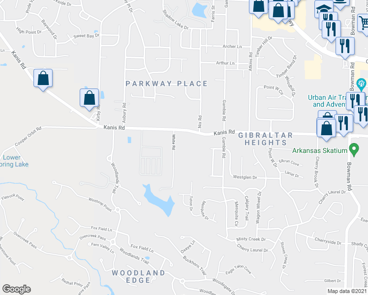 map of restaurants, bars, coffee shops, grocery stores, and more near 1223 White Road in Little Rock