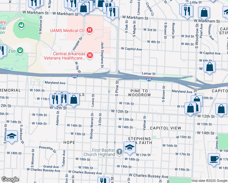map of restaurants, bars, coffee shops, grocery stores, and more near 900 South Pine Street in Little Rock