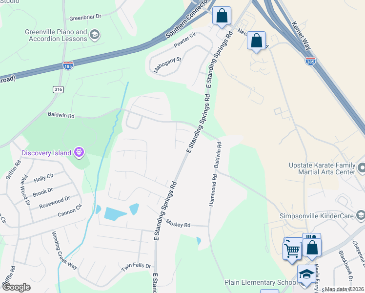 map of restaurants, bars, coffee shops, grocery stores, and more near 11 Huntley Court in Simpsonville