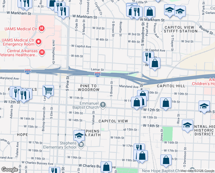 map of restaurants, bars, coffee shops, grocery stores, and more near 3222 Maryland Avenue in Little Rock