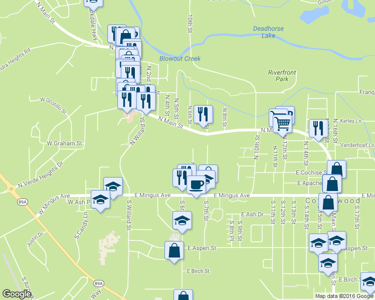 map of restaurants, bars, coffee shops, grocery stores, and more near 406 North Quail Trail in Cottonwood
