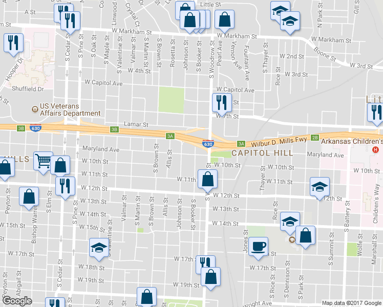map of restaurants, bars, coffee shops, grocery stores, and more near 3004 Maryland Ave in Little Rock