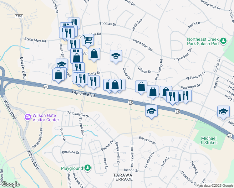 map of restaurants, bars, coffee shops, grocery stores, and more near 1911 Lejeune Boulevard in Jacksonville