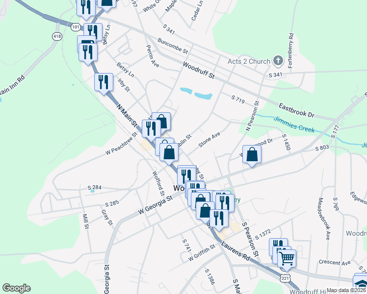 map of restaurants, bars, coffee shops, grocery stores, and more near 205 Chamblin Street in Woodruff