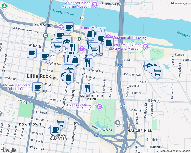map of restaurants, bars, coffee shops, grocery stores, and more near 418 East 6th Street in Little Rock