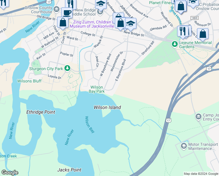map of restaurants, bars, coffee shops, grocery stores, and more near 5 Bayshore Boulevard East in Jacksonville
