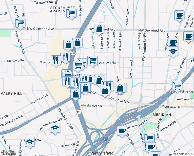 map of restaurants, bars, coffee shops, grocery stores, and more near 911 Church Street Northwest in Huntsville