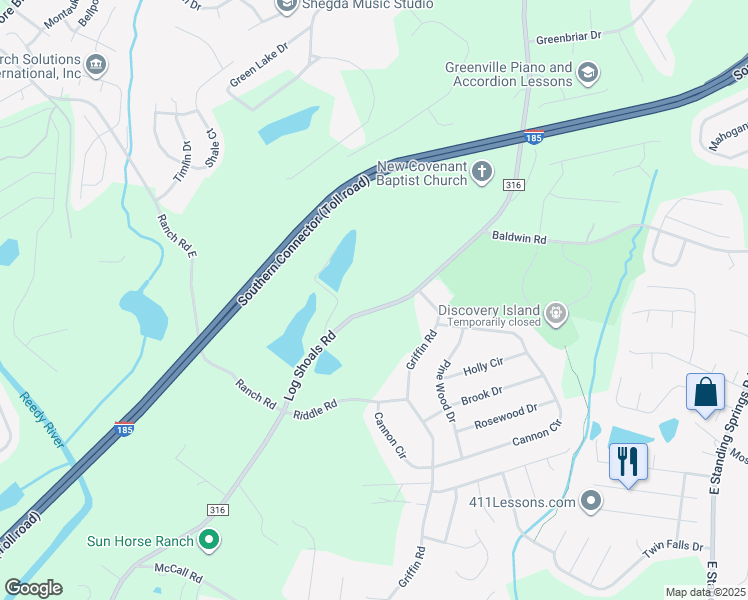 map of restaurants, bars, coffee shops, grocery stores, and more near 435 Log Shoals Road in Greenville