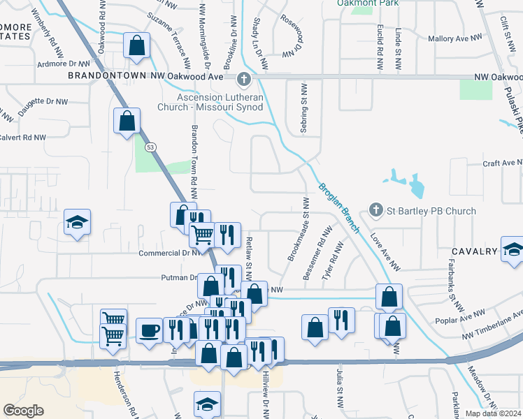 map of restaurants, bars, coffee shops, grocery stores, and more near 1314 Oster Drive Northwest in Huntsville