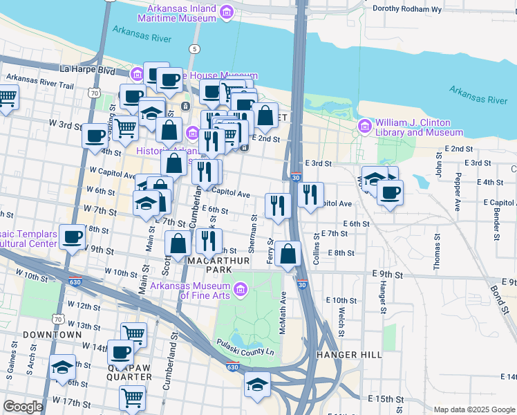 map of restaurants, bars, coffee shops, grocery stores, and more near 523 Sherman Street in Little Rock