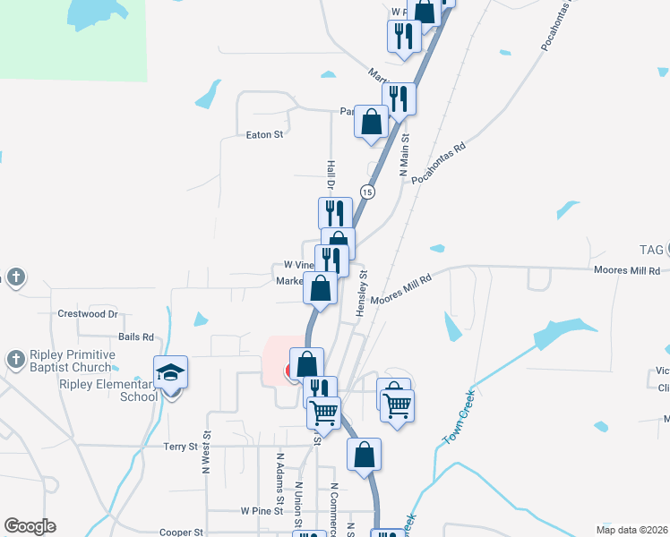 map of restaurants, bars, coffee shops, grocery stores, and more near 204 West Vine Street in Ripley