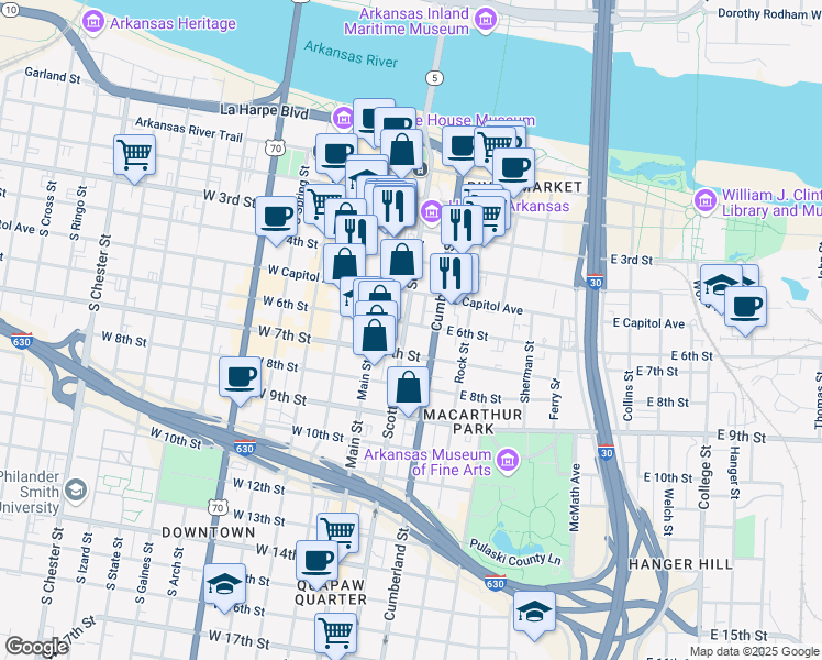 map of restaurants, bars, coffee shops, grocery stores, and more near 601 Scott Street in Little Rock