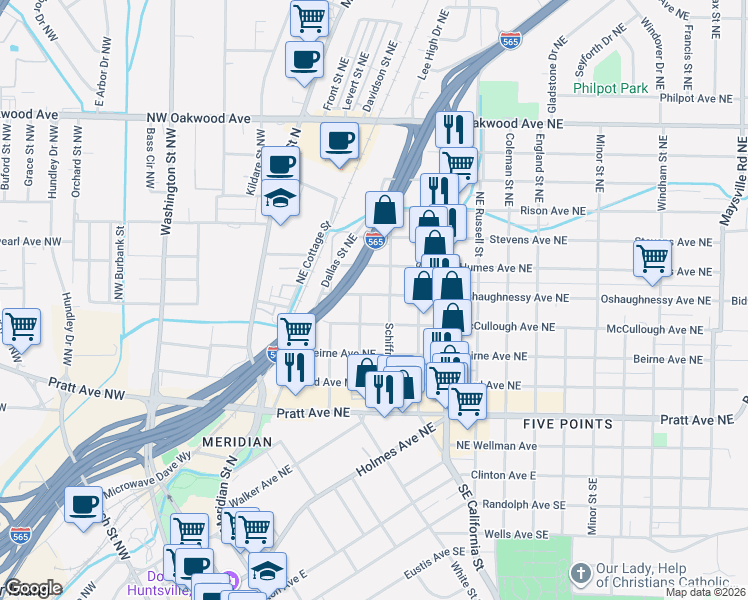 map of restaurants, bars, coffee shops, grocery stores, and more near 406 Oshaughnessy Avenue Northeast in Huntsville