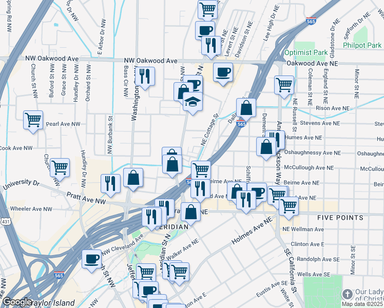 map of restaurants, bars, coffee shops, grocery stores, and more near 1002 Meridian Street North in Huntsville