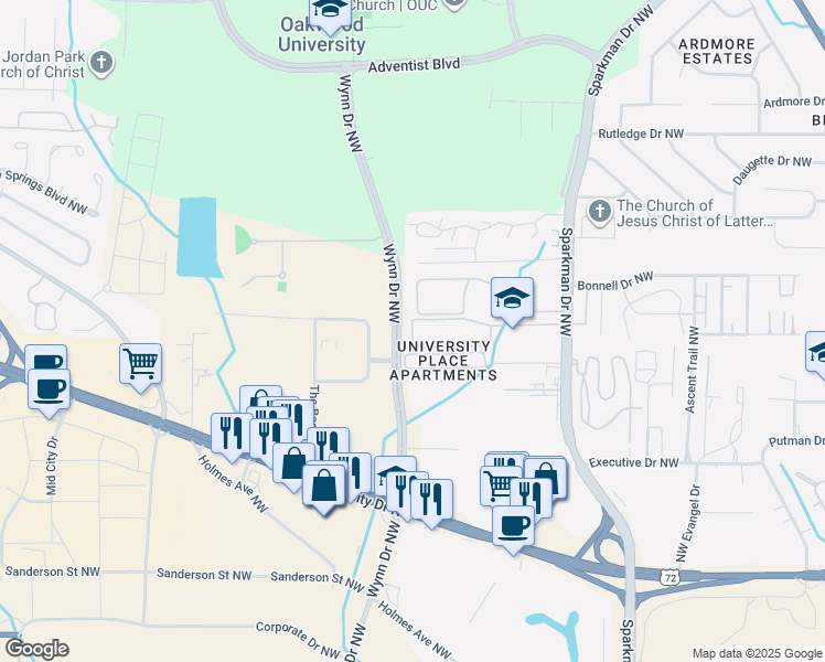 map of restaurants, bars, coffee shops, grocery stores, and more near 5014-5044 Galaxy Way Northwest in Huntsville