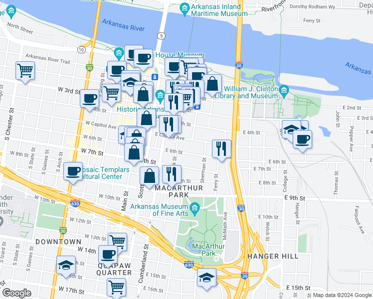 map of restaurants, bars, coffee shops, grocery stores, and more near 423 East Capitol Avenue in Little Rock