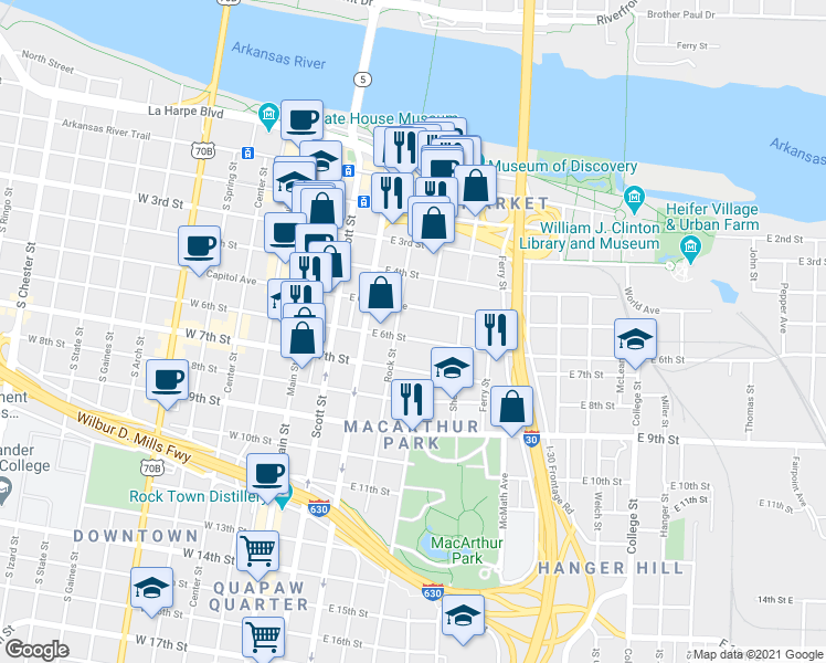 map of restaurants, bars, coffee shops, grocery stores, and more near 423 East Capitol Avenue in Little Rock