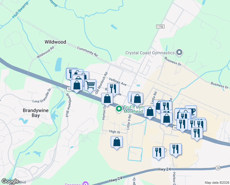 map of restaurants, bars, coffee shops, grocery stores, and more near 142 Brooks Avenue in Morehead City